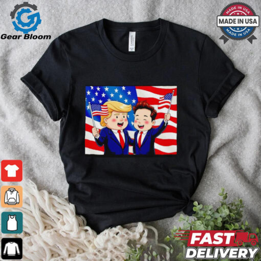 Trump and Elon Musk hand holding American flag cartoon shirt