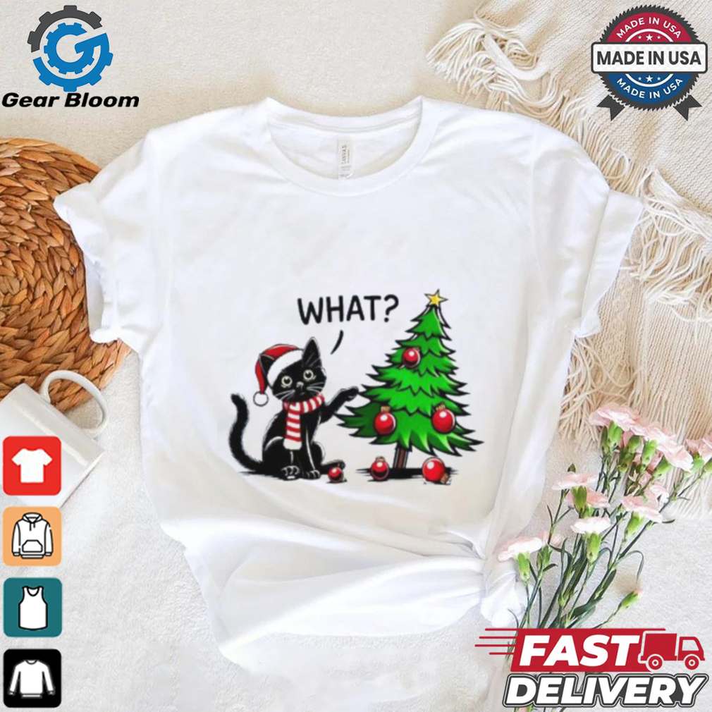 Awesome Black Cat Pushing Christmas Tree Over Cat What Xmas T Shirt Awesome Black Cat Pushing Christmas Tree Over Cat What Xmas T Shirt