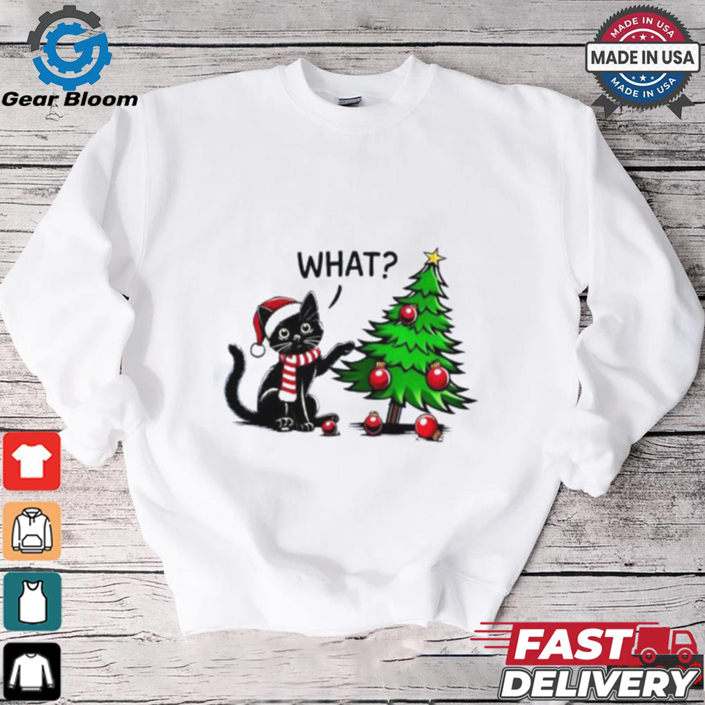 Awesome Black Cat Pushing Christmas Tree Over Cat What Xmas T Shirt Awesome Black Cat Pushing Christmas Tree Over Cat What Xmas T Shirt