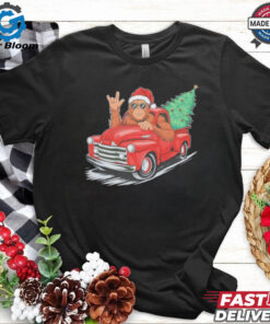 Bigfoot Rock On Christmas Tree Light Driving Truck Women’s Shirt