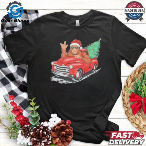 Bigfoot Rock On Christmas Tree Light Driving Truck Women’s Shirt