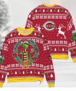Cincinnati Reds x Grinch Dr. Seuss How the Grinch Stole Christmas MLB with World Series Trophy Ugly Christmas Sweater Red
