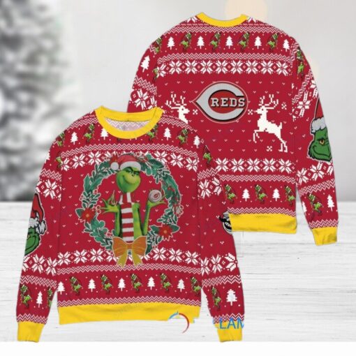 Cincinnati Reds x Grinch Dr. Seuss How the Grinch Stole Christmas MLB with World Series Trophy Ugly Christmas Sweater Red