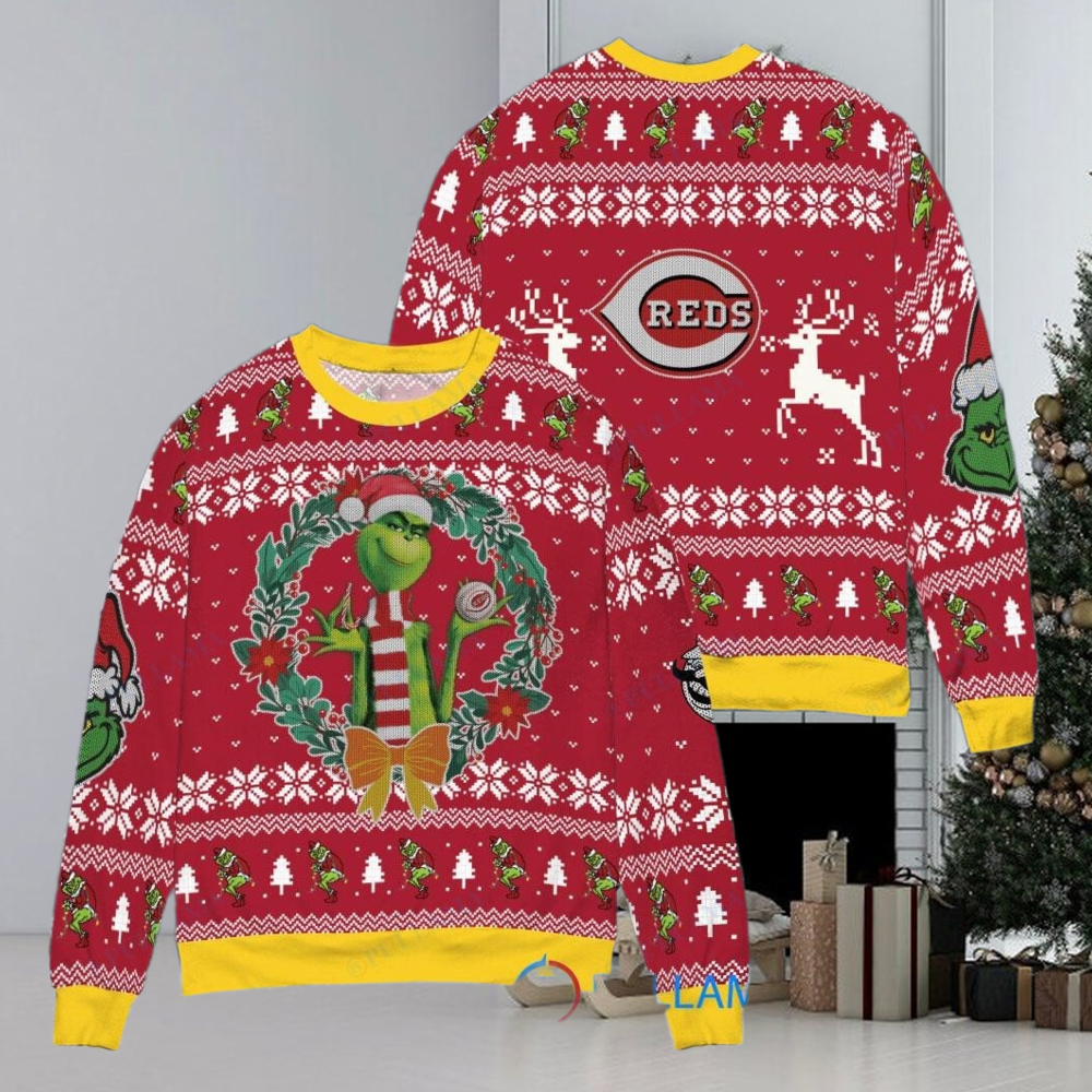 Cincinnati Reds x Grinch Dr. Seuss How the Grinch Stole Christmas MLB with World Series Trophy Ugly Christmas Sweater Red Cincinnati Reds x Grinch Dr. Seuss How the Grinch Stole Christmas MLB with World Series Trophy Ugly Christmas Sweater Red
