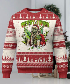 Funny Weed Xmas Ugly Christmas Sweater Merry Juana Santa Skeleton