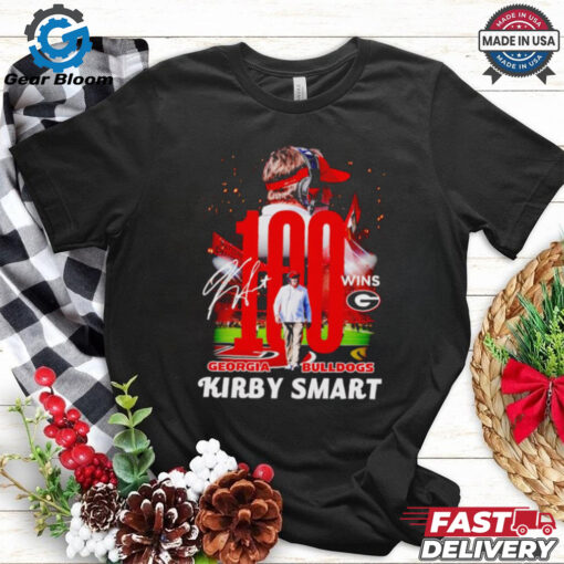 Georgia Bulldogs Kirby Smart 100 wins signatures shirt