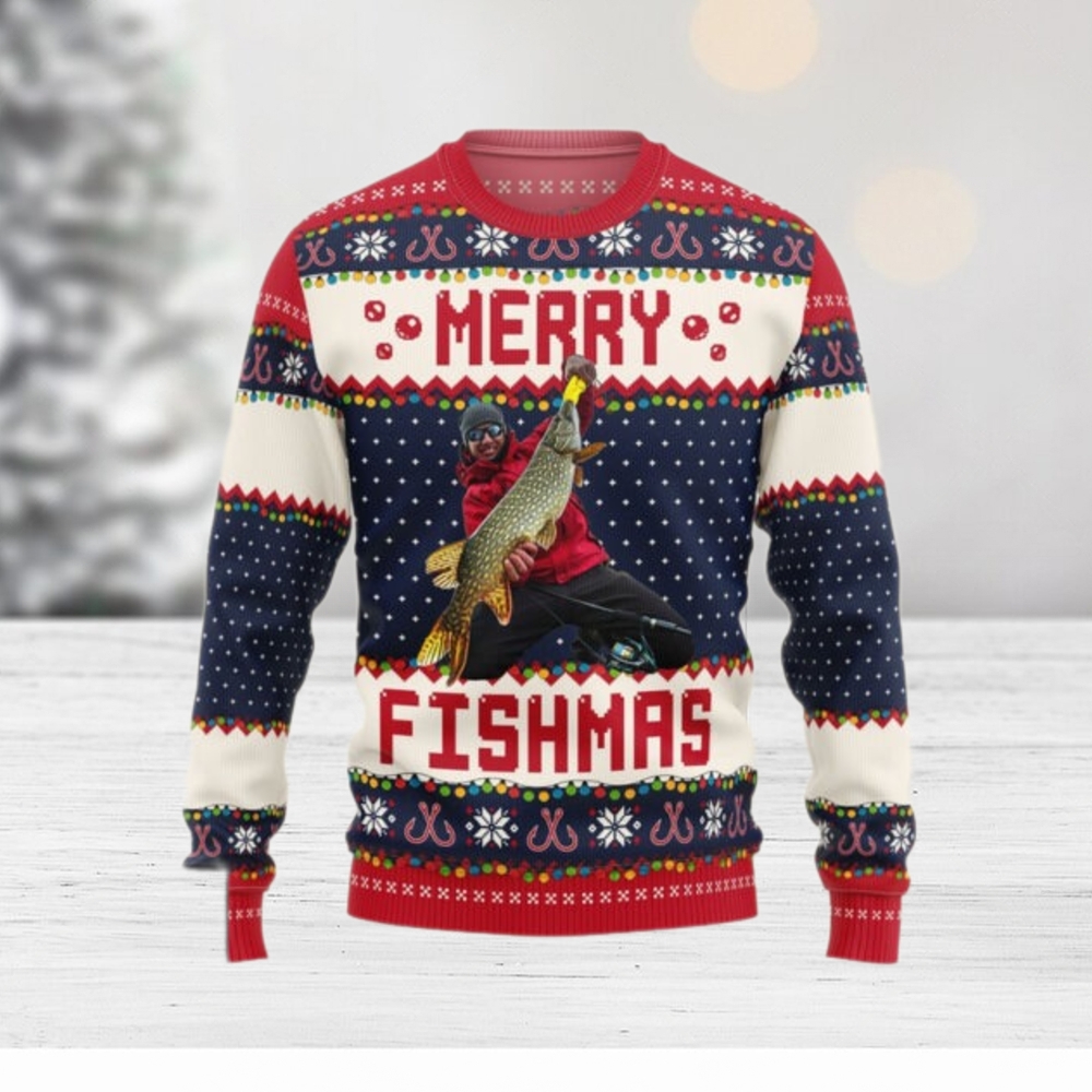 Merry Fishmas Gift For Fishing Lovers Personalized Photo Ugly Sweater Merry Fishmas Gift For Fishing Lovers Personalized Photo Ugly Sweater