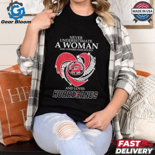 Never Underestimate A Woman Who Understand Hockey And Loves Carolina Hurricanes X Heart Diamond Shirt