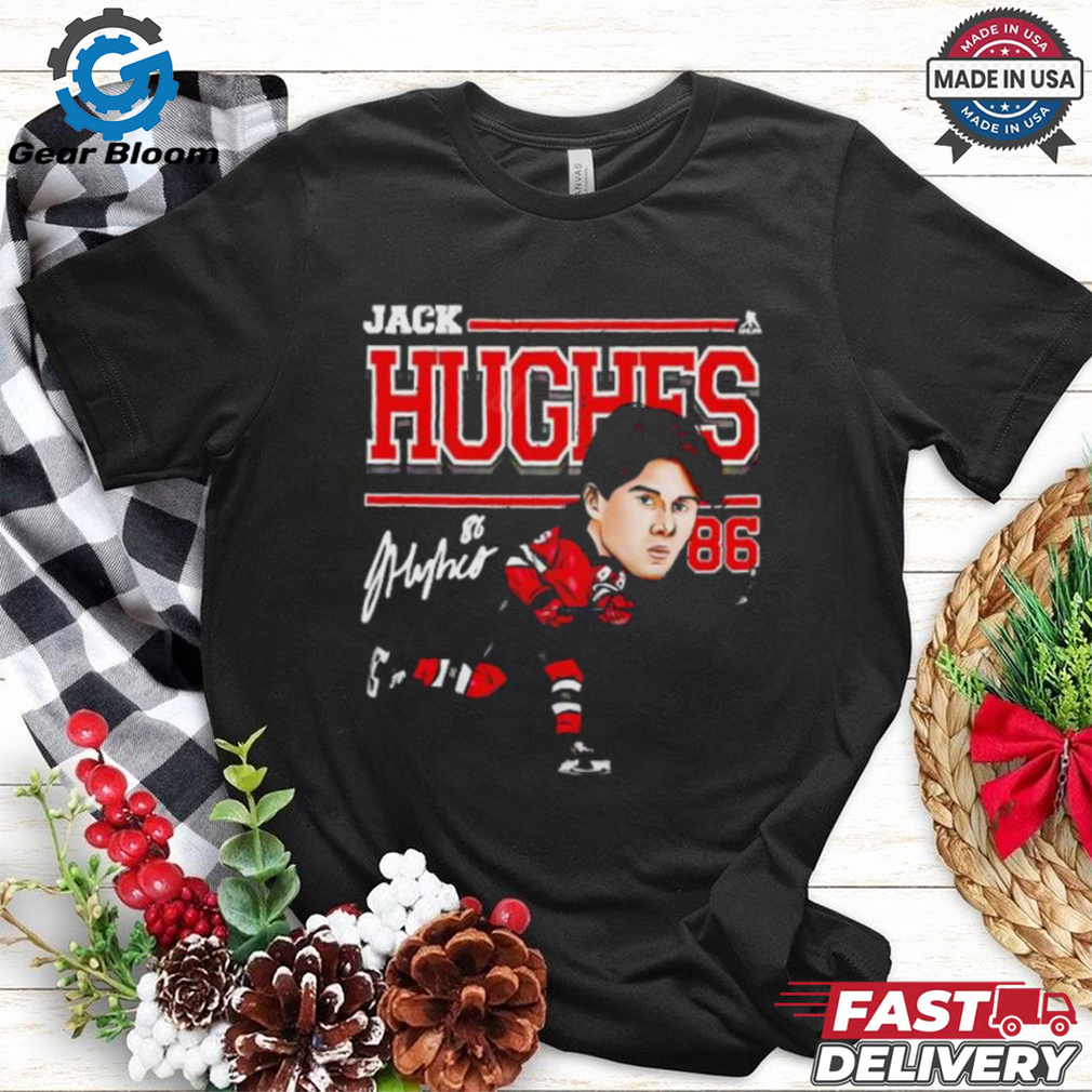 New Jersey Devils 2024 Jack Hughes #86 Cartoon signature shirt New Jersey Devils 2024 Jack Hughes #86 Cartoon signature shirt