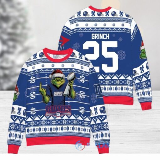 New York Giants x Grinch Christmas Dr. Seuss How the Grinch Stole Christmas with Super Bowl Trophy Custom Ugly Christmas Sweater