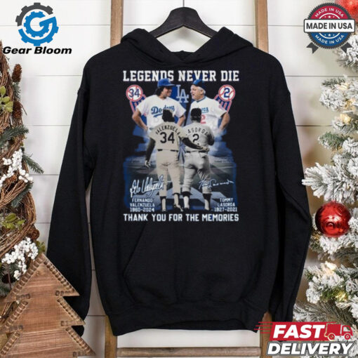 Official Legends Never Die Fernando Valenzuela x Tommy Lasorda Los Angeles Dodgers Thank You For The Memories Signatures Shirt
