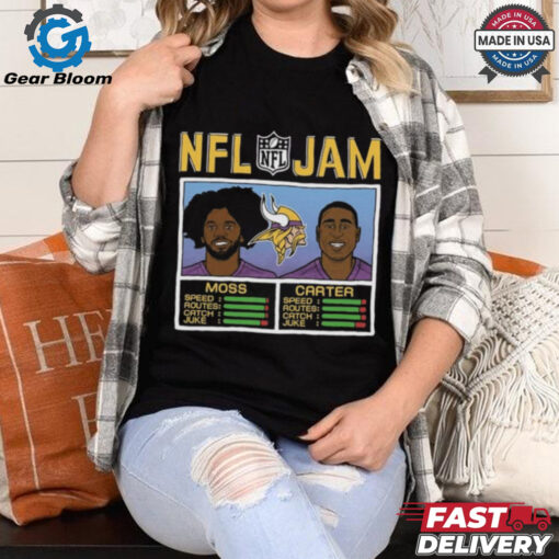 Official NFL Jam Homage Randy Moss and Cris Carter Purple Minnesota Vikings Retired t shirt