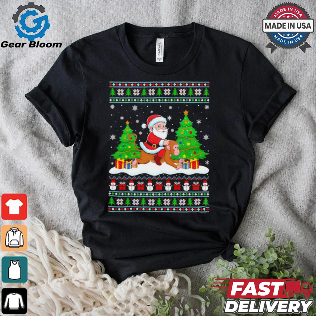 Santa Claus riding Monkey tree lights ugly Merry Christmas Tee Shirt Santa Claus riding Monkey tree lights ugly Merry Christmas Tee Shirt