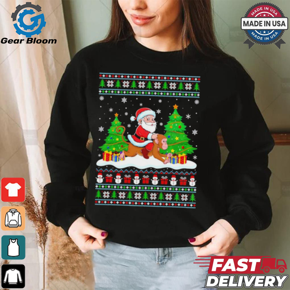 Santa Claus riding Monkey tree lights ugly Merry Christmas Tee Shirt Santa Claus riding Monkey tree lights ugly Merry Christmas Tee Shirt