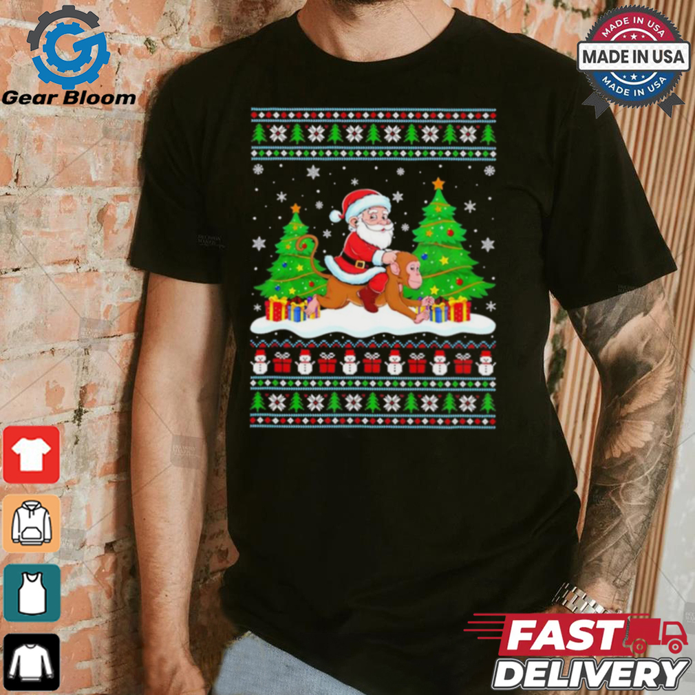 Santa Claus riding Monkey tree lights ugly Merry Christmas Tee Shirt Santa Claus riding Monkey tree lights ugly Merry Christmas Tee Shirt