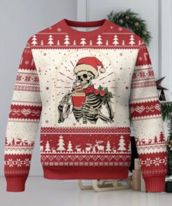 Skeleton Christmas Ugly Christmas Sweater Dead Inside But Caffeinated Coffee Addict Xmas Vibe