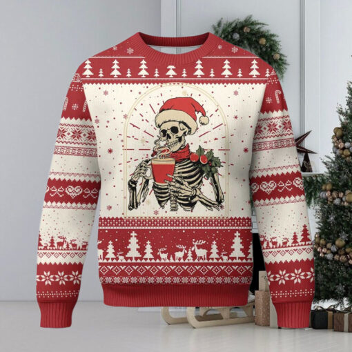 Skeleton Christmas Ugly Christmas Sweater Dead Inside But Caffeinated Coffee Addict Xmas Vibe