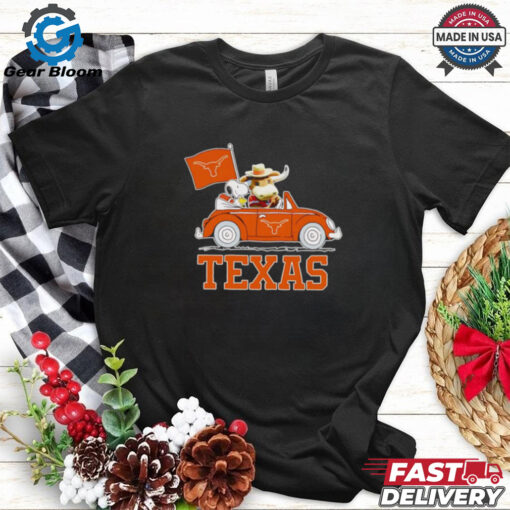 Snoopy and Bevo driving car Texas Longhorns shirt