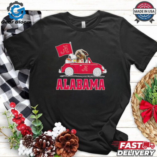 Snoopy and Big Al driving car let’s go Alabama Crimson Tide shirt