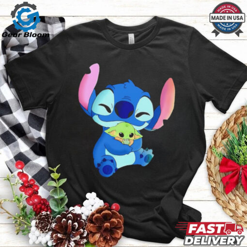 Stitch hugging Baby Yoda Mandalorian cartoon shirt