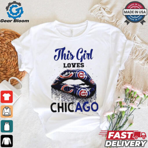 This girl loves Chicago Bears and Chicago Cubs lips bite shirt