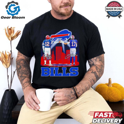 Buffalo Bills Jim Kelly and Josh Allen city skyline signature shirt Fan Favorite