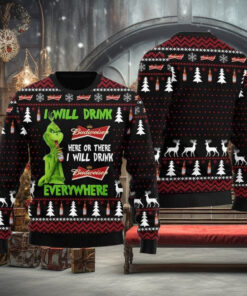 Grinch I Will Drink Budweiser Everywhere For Christmas Gifts Ugly Christmas Holiday Sweater