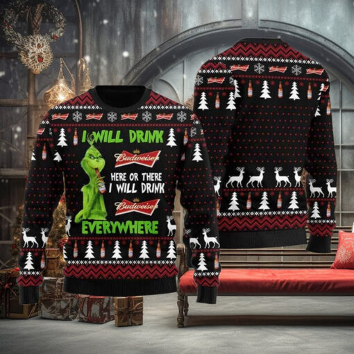 Grinch I Will Drink Budweiser Everywhere For Christmas Gifts Ugly Christmas Holiday Sweater