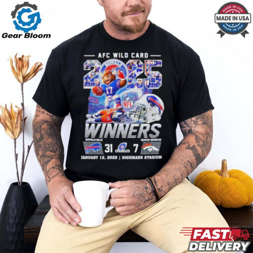 Buffalo Bills Beat Denver Broncos Winners AFC Wild Card Playoffs 2025 NFL Highmark Stadium Helmet Mascot T shirts