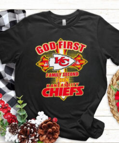 Cross god first family second then Kansas City Chiefs football graphic shirt