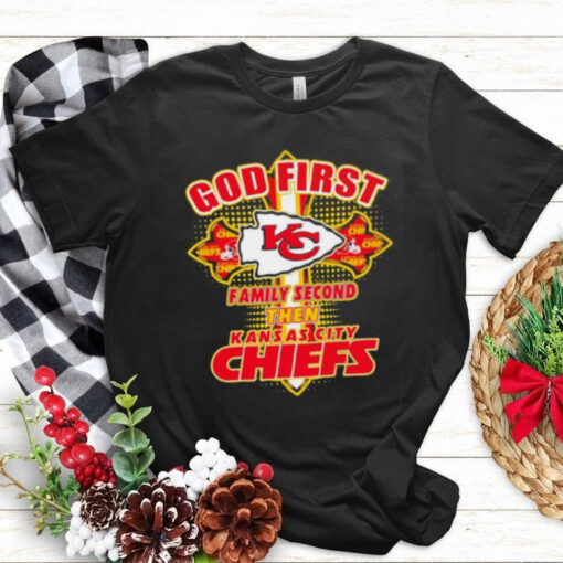 Cross god first family second then Kansas City Chiefs football graphic shirt