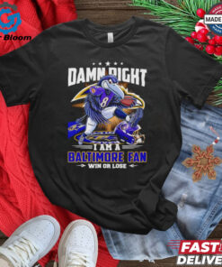 **Damn Right I Am a Baltimore Fan Win or Lose Cartoon Mascot Fan Favorite Shirt** - Show your unwavering loyalty to the Baltimore Ravens with this bold and fun shirt! Featuring a cartoon mascot and the message 