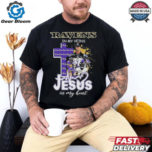 Official Baltimore Ravens In My Veins Jesus In My Heart Coach And Players Cross Signatures T shirts