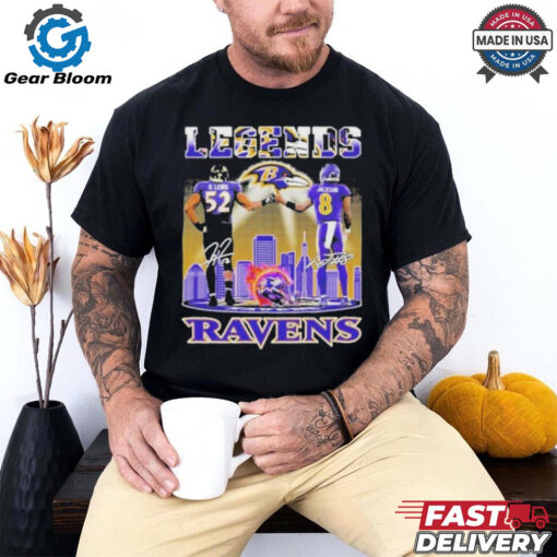 Official Baltimore Ravens Legends Ray Lewis And Lamar Jackson Fist Bump Baltimore Skyline 2024 NFL Playoffs Fan Favorite Shirt