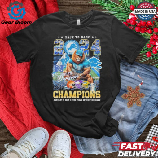 Official Detroit Lions Football Back 2 Back NFC North Champions 2024 2025 Mascot Helmet Shirt