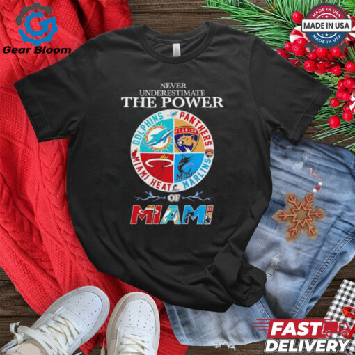 Official Never Underestimate The Power Heat Marlins Panthers Hurricanes Dolphins of Miami all sports logo graphic Best Selling shirt