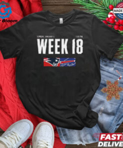 Official New England Patriots vs Buffalo Bills Week 18 Sunday January 5, 2025 at Gillette Stadium Fan Favorite Shirt - Show Your Support for the Epic Rivalry with Exclusive Game-Day Apparel, Perfect for Patriots and Bills Fans.