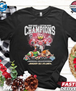 Official Rose Bowl and Cotton Bowl Champions Ohio State Buckeyes Beat Texas Longhorns and Oregon Ducks Mascot Shirt - Celebrate Ohio State's Victories in Both Bowl Games, Featuring the Mascot Design, Perfect for Buckeyes Fans Proud of Their Team's Success Against Texas and Oregon