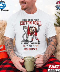 Ohio State Buckeyes 2025 Goodyear Cotton Bowl Classic Champions Go Bucks Mascot T-Shirt - Celebrate Ohio State’s Victory in the 2025 Goodyear Cotton Bowl, Featuring the Mascot and Bold 