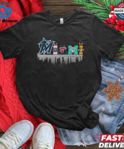 Skyline Miami Heat Marlins Inter Panthers Hurricanes Dolphins All Sports Logo Graphic Fan Favorite Shirt - Show Your Miami Sports Pride with a Bold Graphic Featuring Logos of the Heat, Marlins, Inter, Panthers, Hurricanes, and Dolphins, Perfect for Fans of All Miami Teams.