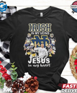 Top Notre Dame Fighting Irish In My Veins Jesus In My Heart Signatures 2025 Shirt - Celebrate Your Passion for Notre Dame and Faith, Featuring Signature-Inspired Design, Perfect for Fighting Irish Fans Who Carry Their Team and Beliefs Close to Their Heart