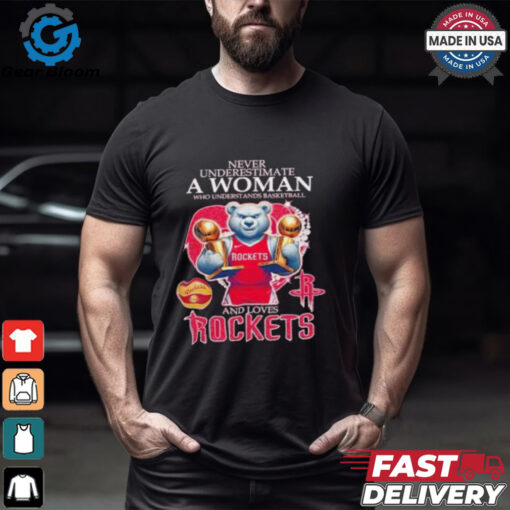 Official Never underestimate a woman who understands basketball and love Houston Rockets diamond heart mascot 2025 T shirt