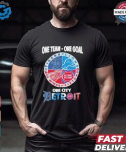 Official One team one goal one city Detroit sports Detroit Lions, Pistons, Red Wings and Tigers logo t shirt