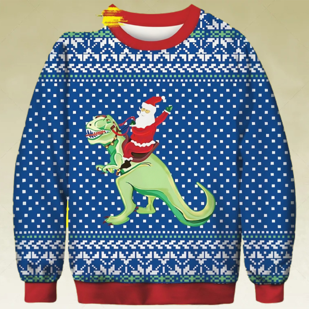 Dinosaur Ugly Christmas Sweater Santa Claus Riding A Dinosaur Full Print Merry Xmas