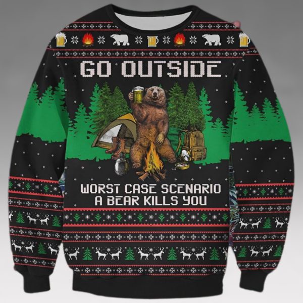 Go Outside Xmas   Worst Case Bear Kills You Ugly Christmas Sweater