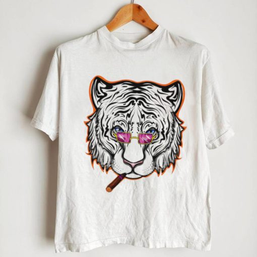 Cincy smoking White Tiger with Sunglasses logo shirt