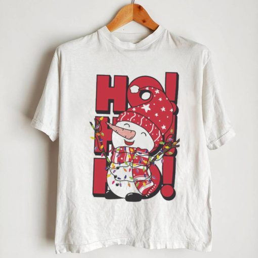 Cute And Funny Joyful Snowman Wrapped In Colorful Christmas Lights Wearing Santa Hat Ho Ho Ho Shirt