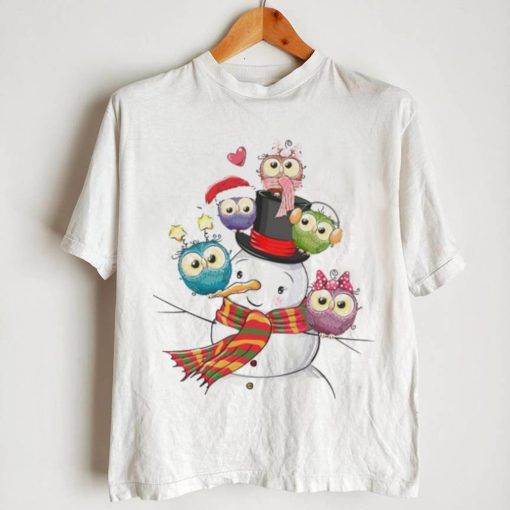 Cute Snowman With Little Colorful Owls Sitting Shirt