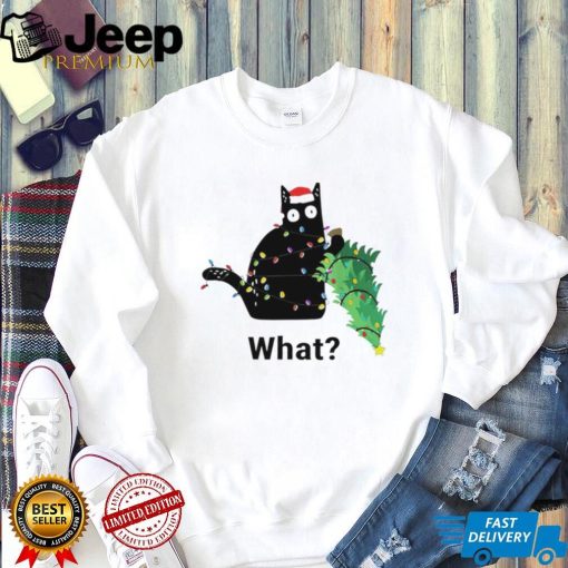 Funny black cat pushing Christmas tree art shirt