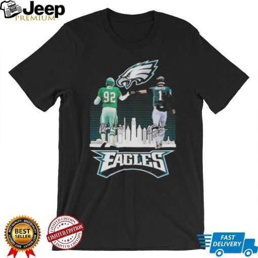 Reggie White And Jalen Hurts Philadelphia Eagles City Skyline Signatures Shirt